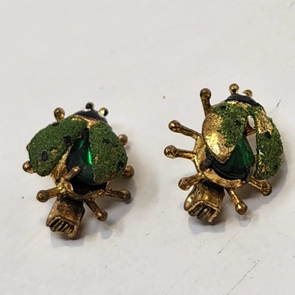 West Germany Mini Insect Bug Pin Lapel Pin Set of 2 Hand Painted Green Crystal - Picture 3 of 6